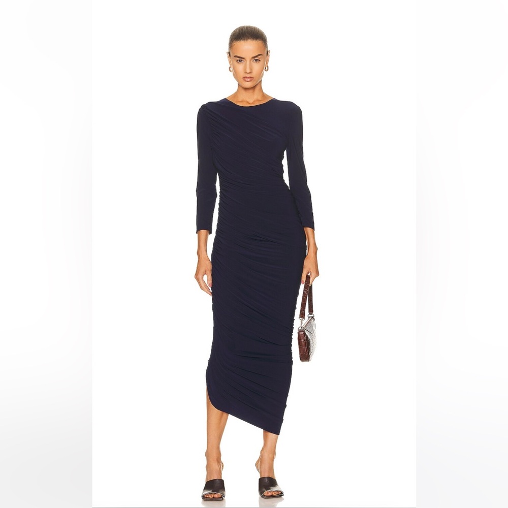 Norma Kamali Long Sleeve Shirred Navy Gown Size Small Brand New With Tags